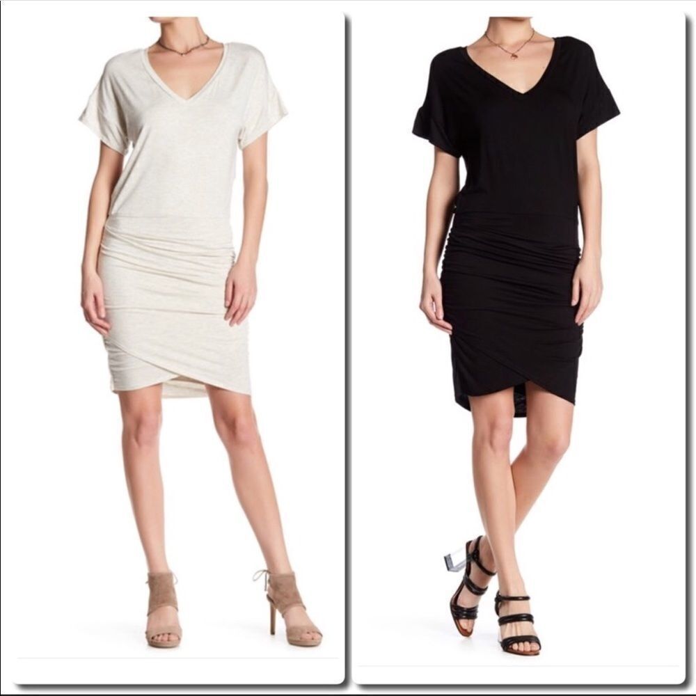 𝅺v Neck Ruched Dress in Black and Oatmeal